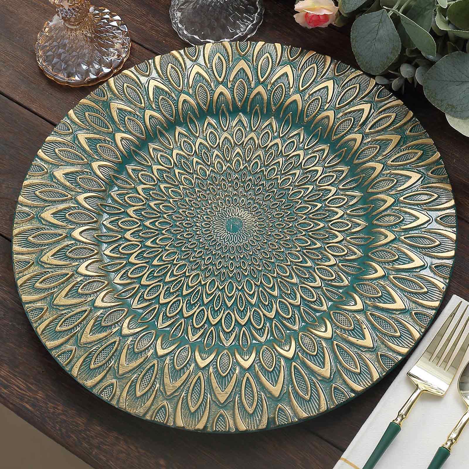 6-Pack Plastic Charger Plates 13" Round Teal with Gold Embossed Peacock Pattern - Disposable Charger Tableware